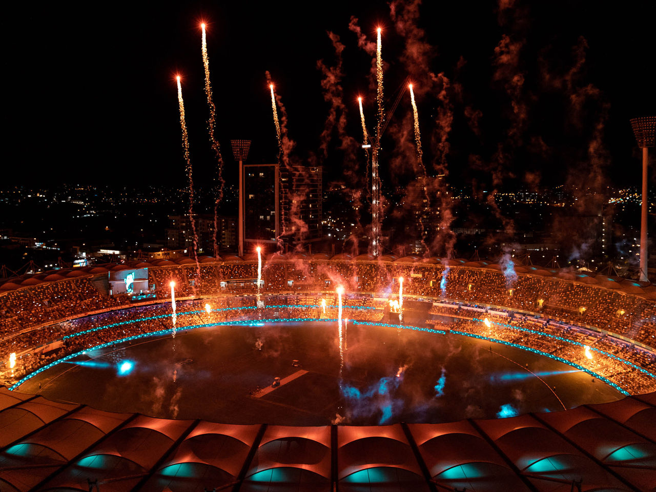 Birdseye view of the Gabba with fireworks